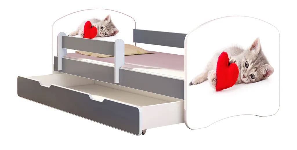 ACMA Jugendbett Kinderbett Junior-Bett Komplett-Set mit Matratze Lattenrost und Rausfallschutz Grau 40 Katze mit Herz 140x70 + Bettkasten